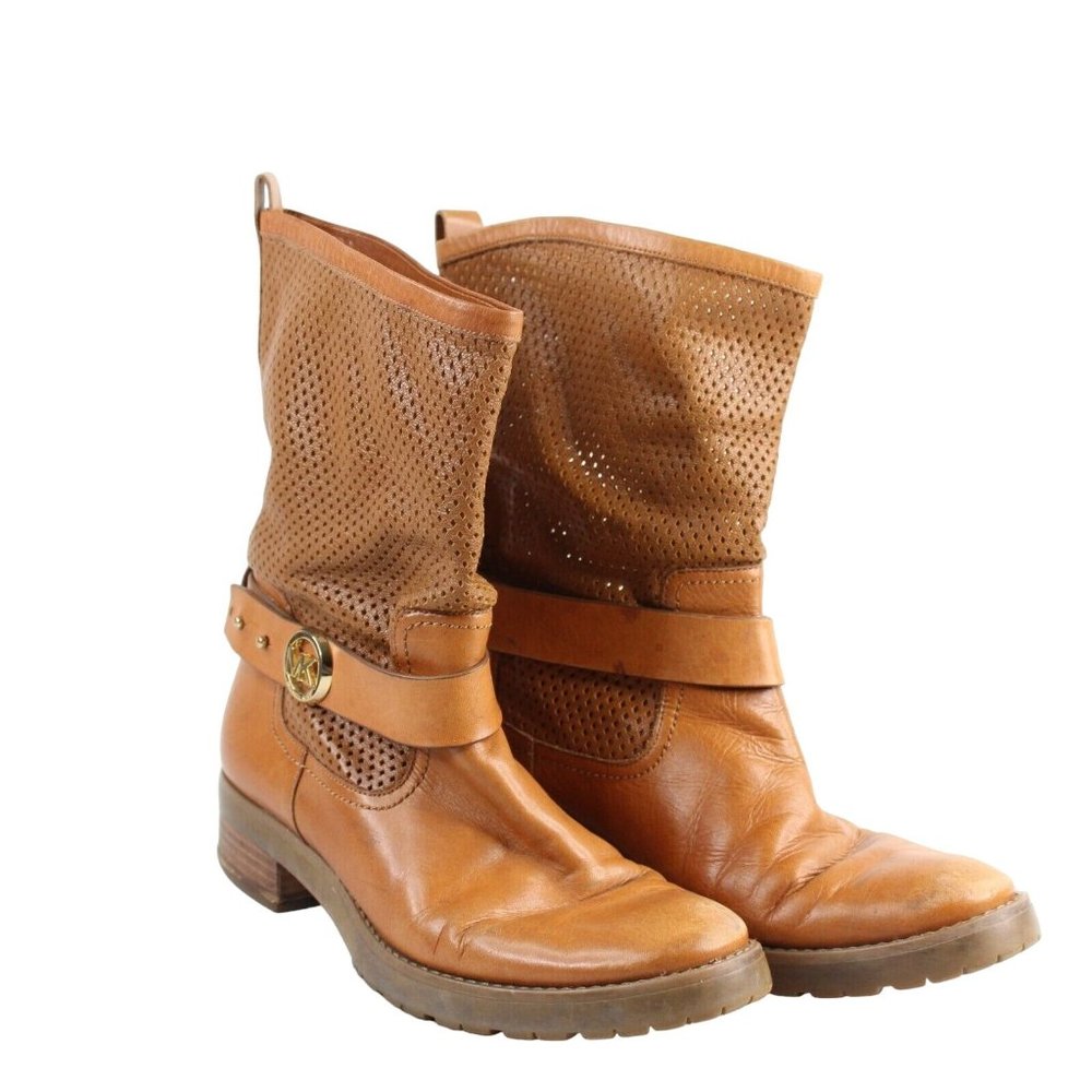 Michael Kors Womens Sz 7.5 Daria Luggage MK Logo Perforated Brown Leather Boots - Picture 3 of 10